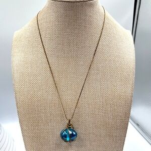 Vintage Blue Glass Orb Wire Wrapped Pendant Necklace Retro Boho Jewelry Classic